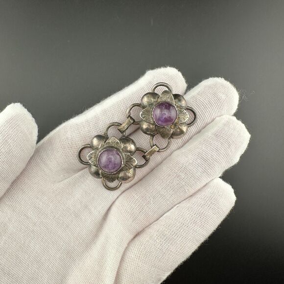 Unique Vintage Sterling Silver Flower Floral Links Amethyst Brooch Pin Mexico 2" - Picture 6 of 14